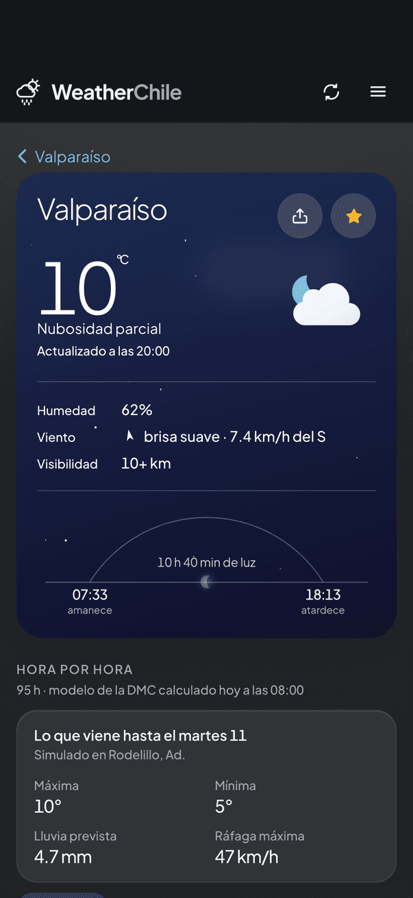 Weather Chile abierta en un iPhone, mostrando la ficha de Valparaíso a pantalla completa